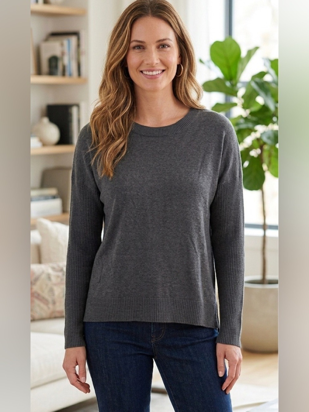 Athleta Dark Charcoal Crewneck high low Hem Sweater silk blend Medium
